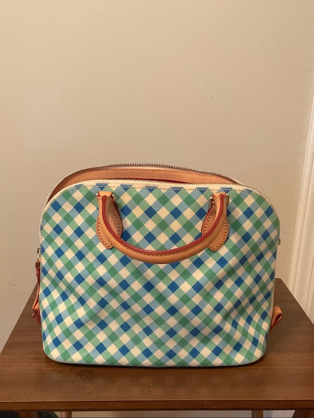 Dooney & Bourke Blue and Green Gingham Leather-Trim Satchel